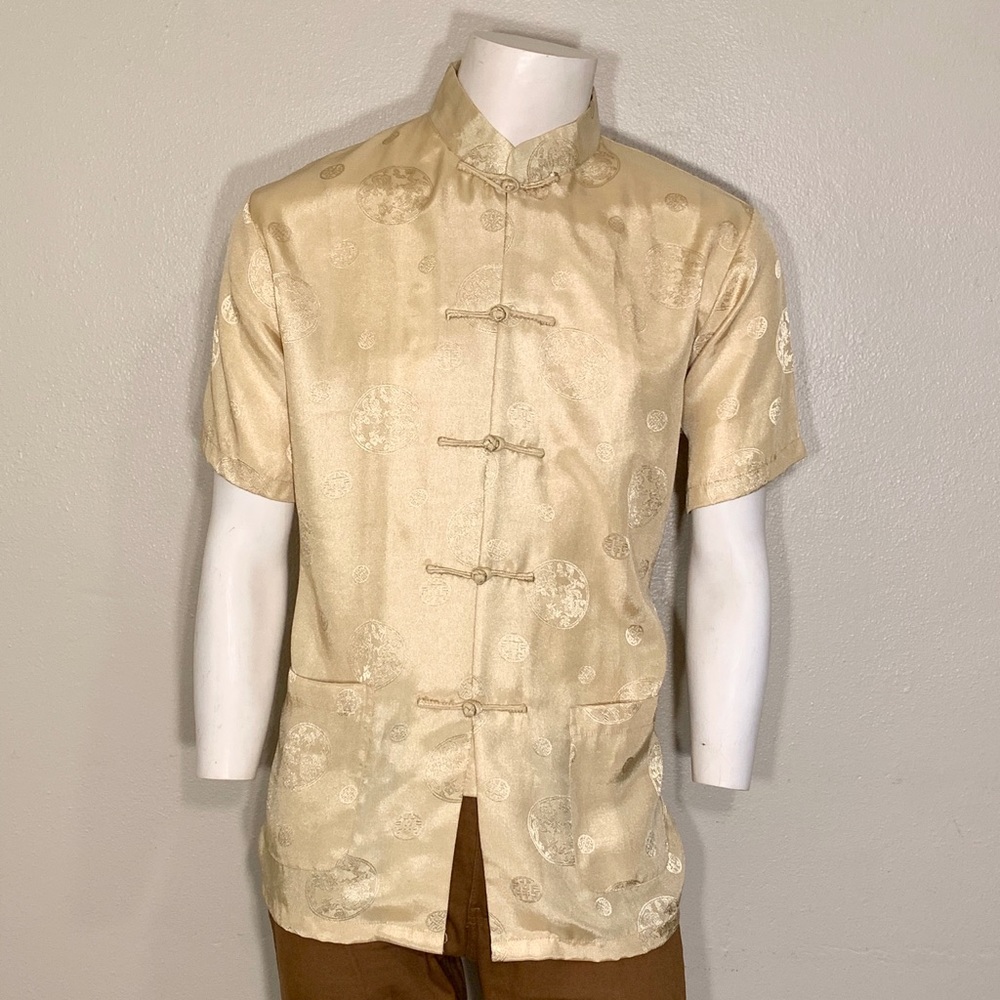 Men’s Traditional Chinese Silk Brocade Shirt Gold Short Sleeve Size Large
